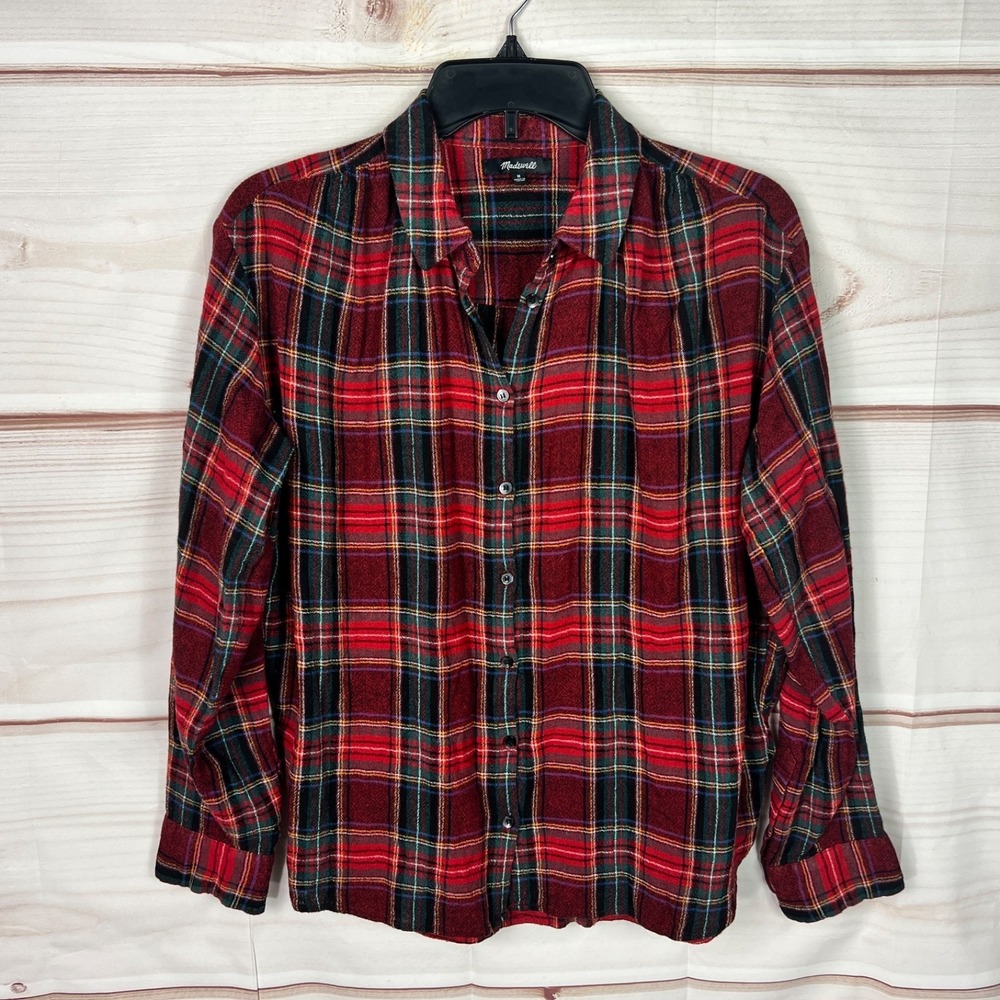 Madewell Top Womens Medium Red Green Tartan Plaid Shirt Wool‎ Blend Button Up